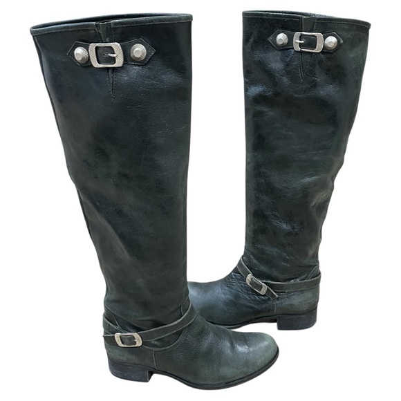 Via Roma 15 Charcoal Black Leather Knee-High Italian Boots Silver Buckle 39.5